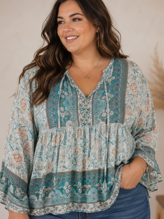 SHEIN Tops - SHEIN Curve Blue Floral Boho Peasant Blouse 1X Flowy Long Sleeve Babydoll Top